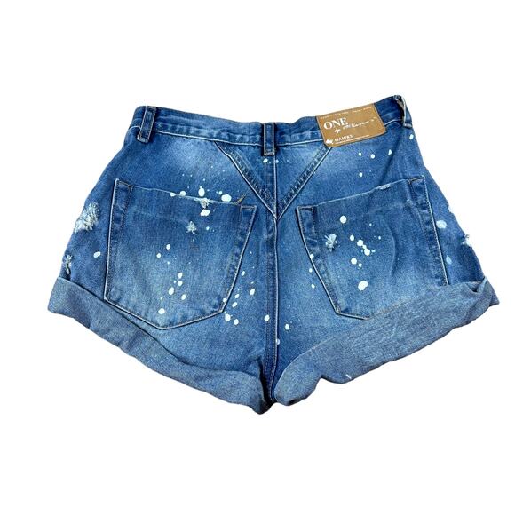 ONE TEASPOON Hawks Shorts Distressed Splatter Denim Size 26 Button Fly Blue - Picture 2 of 7